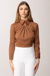 Elisabetta Franchi Camicia con Schiena Scoperta e Dettaglio Gioiello CA15661E2 CUOIO