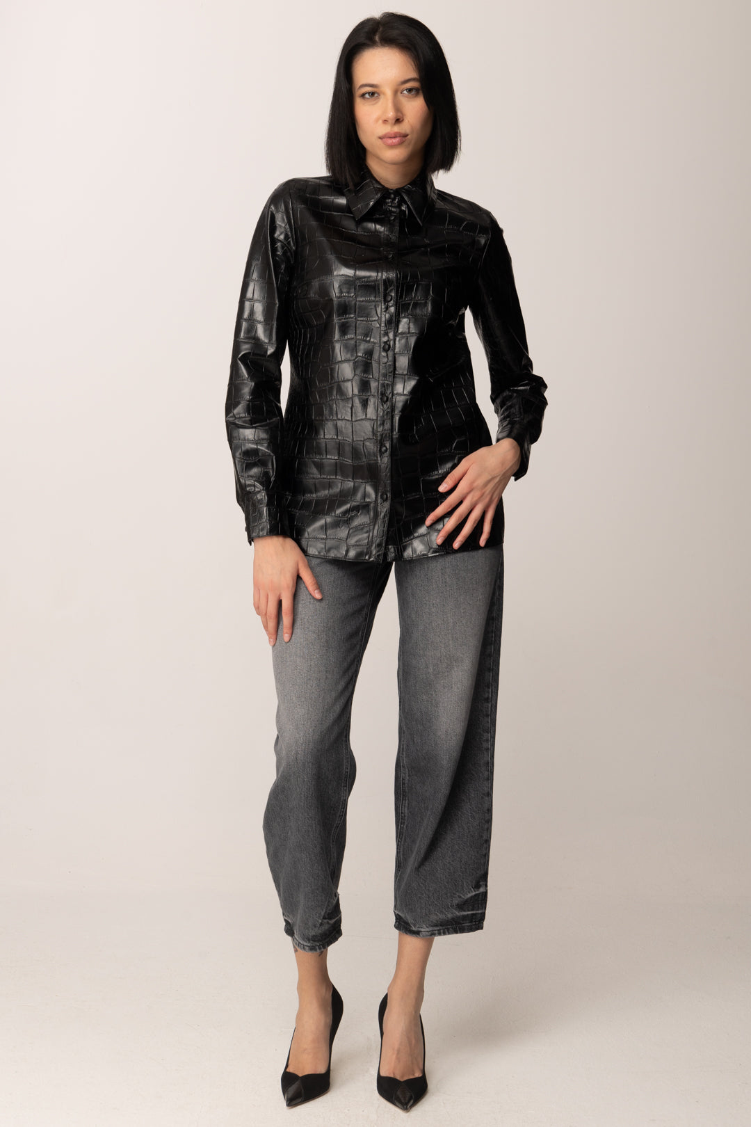 Elisabetta Franchi Camicia con Stampa Cocco Effetto Pelle CA13658E2 NERO