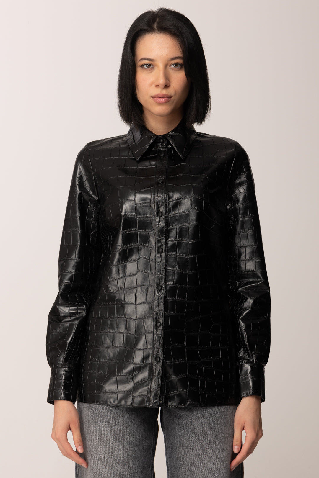 Elisabetta Franchi Camicia con Stampa Cocco Effetto Pelle CA13658E2 NERO