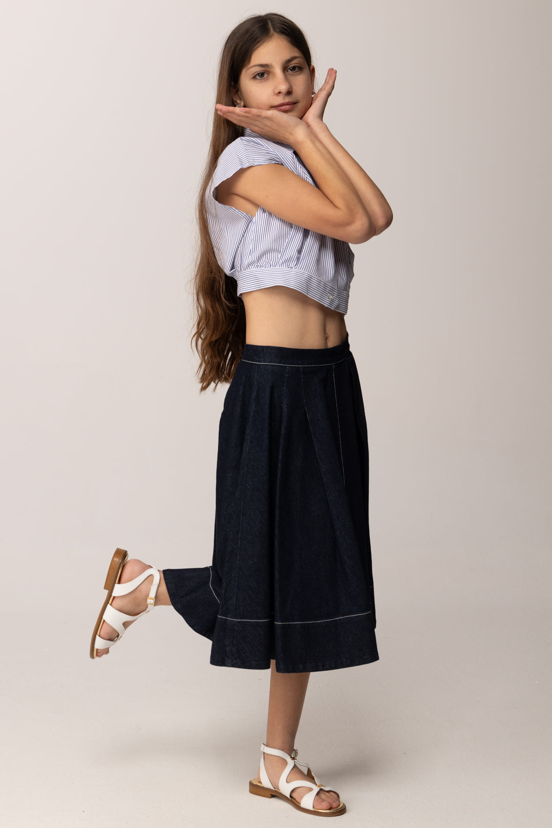 Elisabetta Franchi Bambina Camicia Crop a Righe In Popeline con Logo In Vita EFCA2810CR025.D885