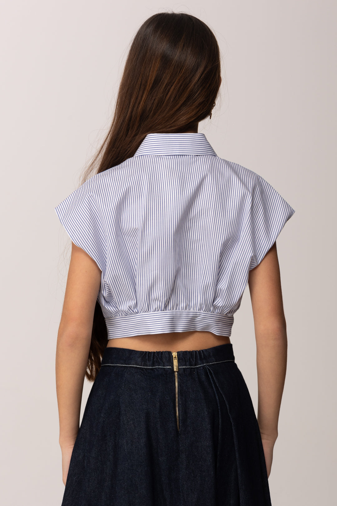 Elisabetta Franchi Bambina Camicia Crop a Righe In Popeline con Logo In Vita EFCA2810CR025.D885
