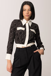 Elisabetta Franchi Camicia Crop Bicolor In Georgette con Stampa CAS0156E2 NERO/MILK
