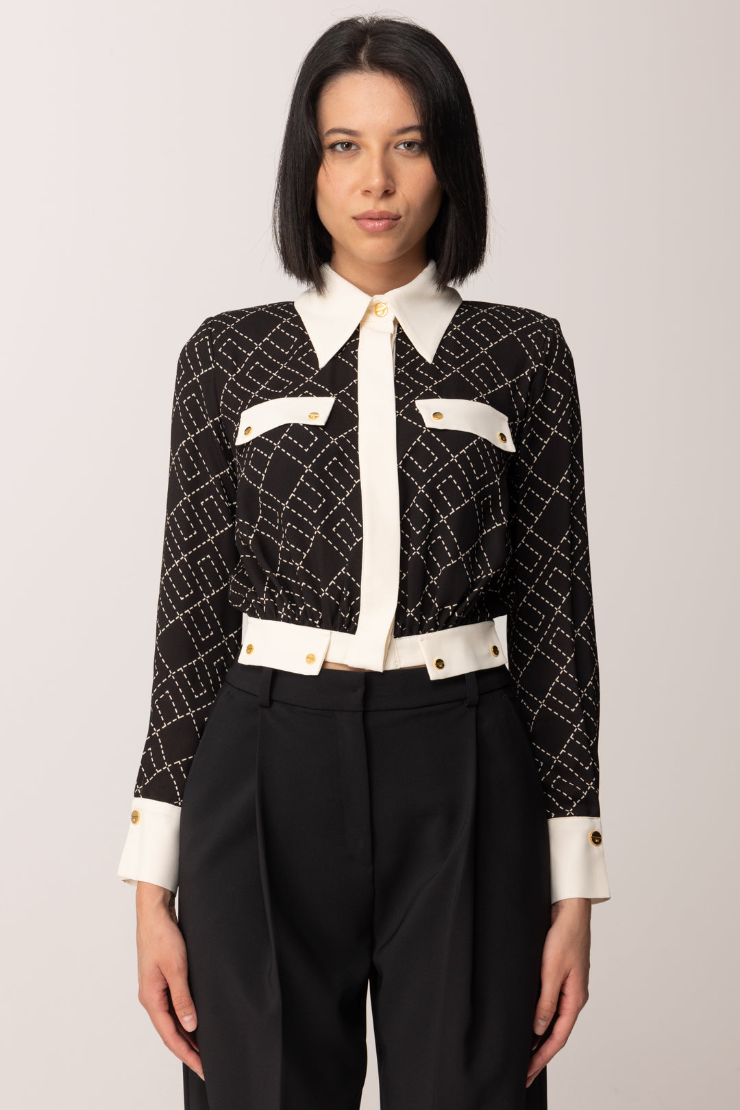Elisabetta Franchi Camicia Crop Bicolor In Georgette con Stampa CAS0156E2 NERO/MILK