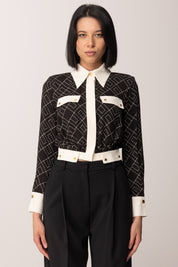 Elisabetta Franchi Camicia Crop Bicolor In Georgette con Stampa CAS0156E2 NERO/MILK