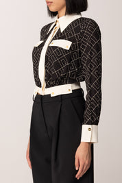 Elisabetta Franchi Camicia Crop Bicolor In Georgette con Stampa CAS0156E2 NERO/MILK