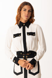 Elisabetta Franchi Camicia Crop Bicolore con Patte Ornamentali CAT0156E2 MILK/NERO