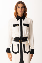 Elisabetta Franchi Camicia Crop Bicolore con Patte Ornamentali CAT0156E2 MILK/NERO