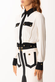 Elisabetta Franchi Camicia Crop Bicolore con Patte Ornamentali CAT0156E2 MILK/NERO