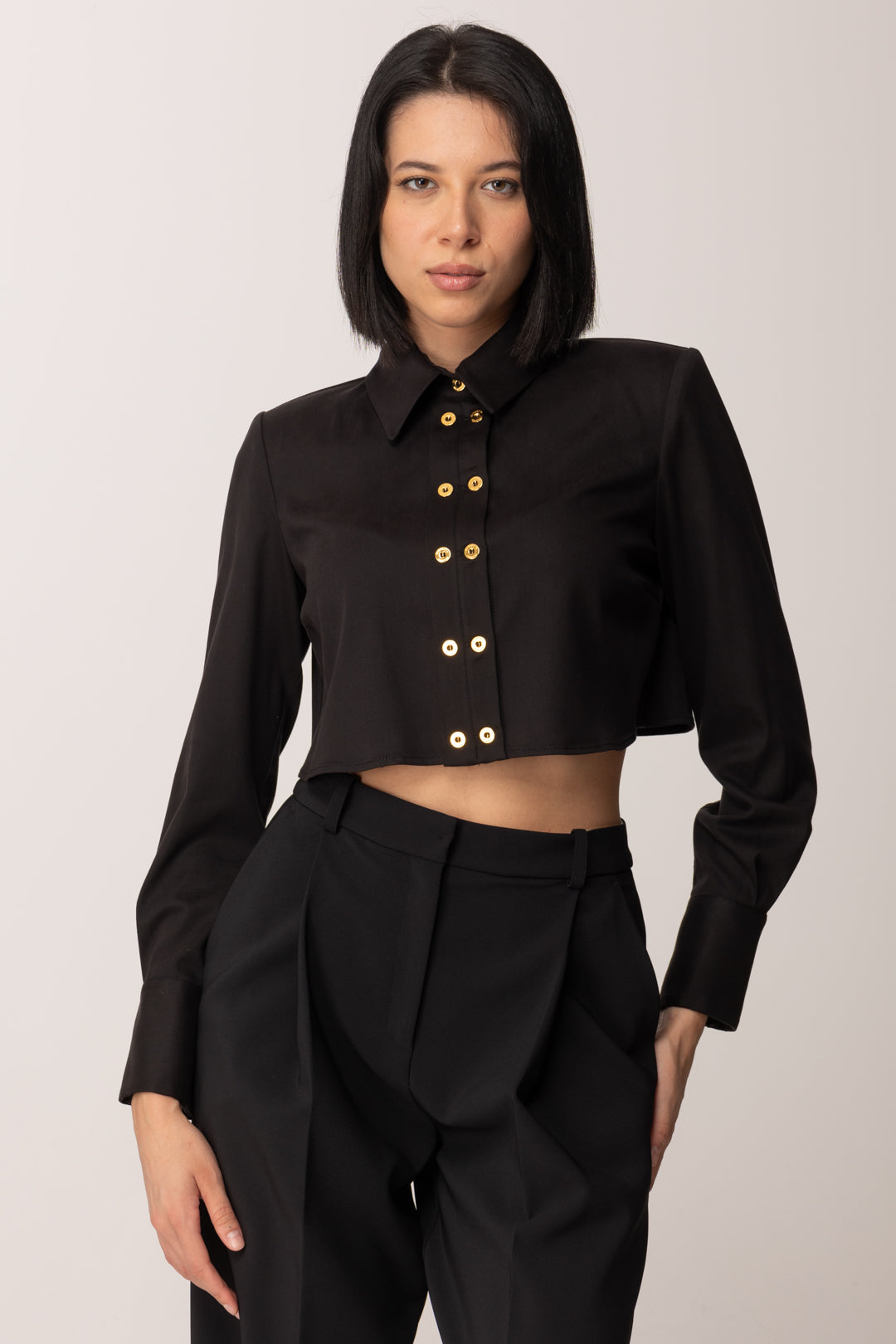 Elisabetta Franchi Camicia Crop con Bottoni a Doppia Fila CA09756E2 NERO