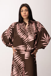 Khloe Femme Camicia Crop Tropicale con Maniche Balloon CBCM5859 CACAO