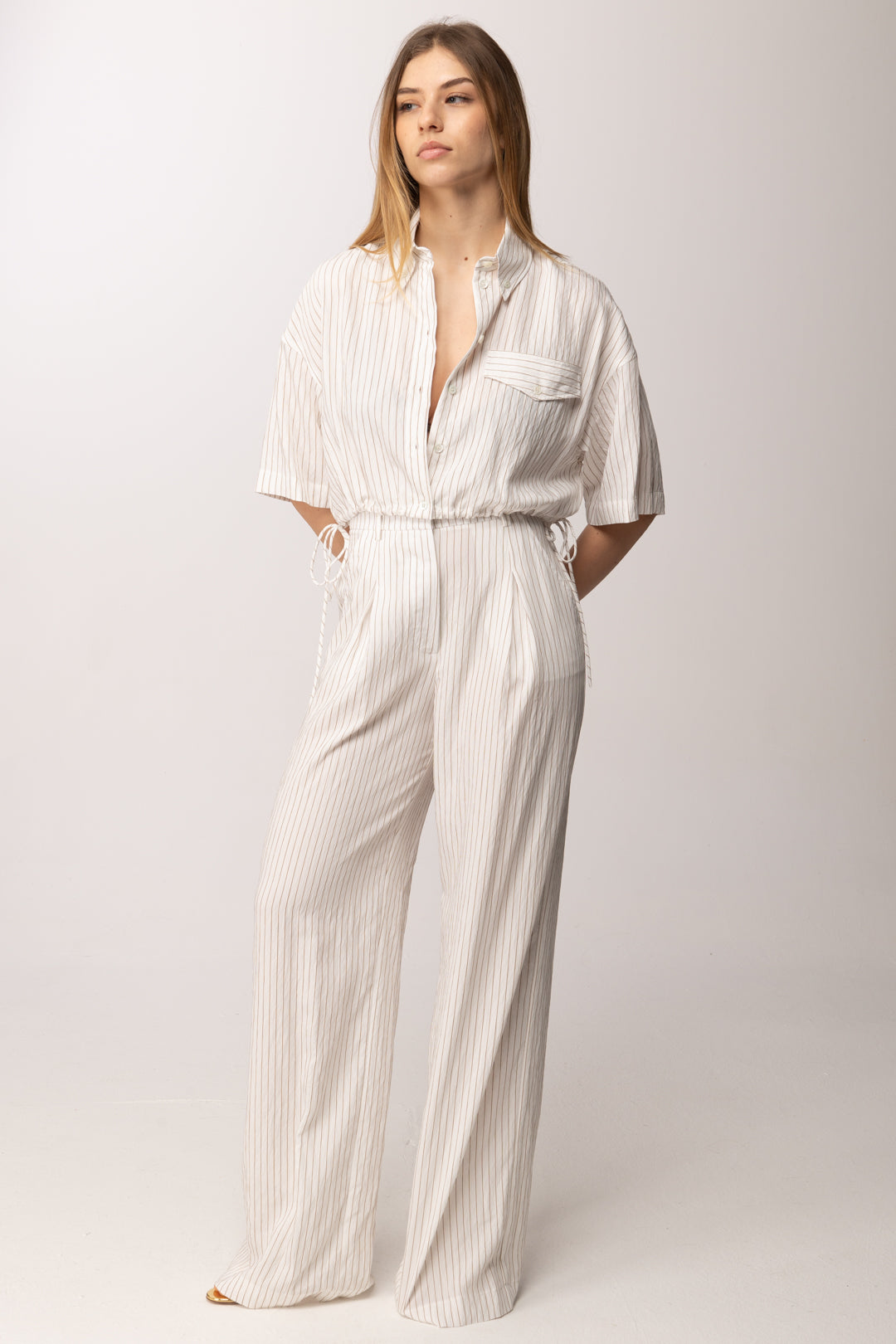 Patrizia Pepe Camicia Cropped a Righe con Laccetti Laterali 2C1714 A766 WHITECOMMUNIONSTRI