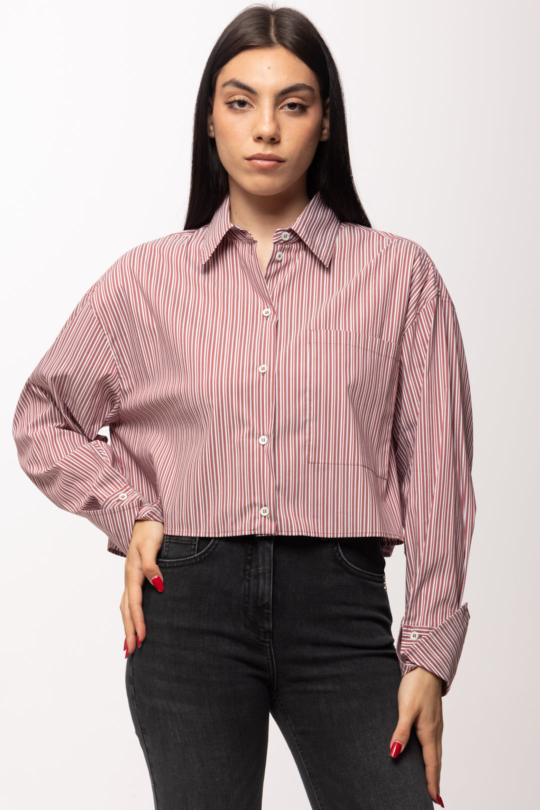 Patrizia Pepe Camicia Cropped a Righe con Tasca e Colletto Morbido 8C0856 A544 HOT BROWN STRIPES