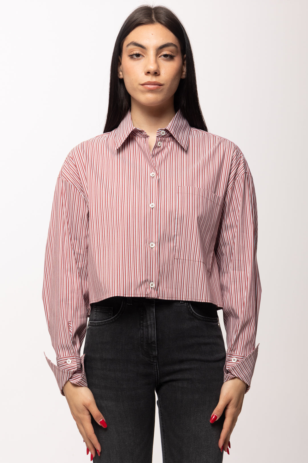 Patrizia Pepe Camicia Cropped a Righe con Tasca e Colletto Morbido 8C0856 A544 HOT BROWN STRIPES
