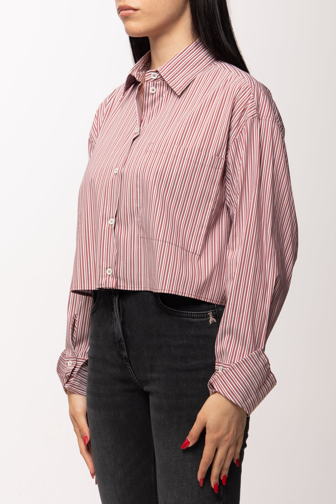 Patrizia Pepe Camicia Cropped a Righe con Tasca e Colletto Morbido 8C0856 A544 HOT BROWN STRIPES