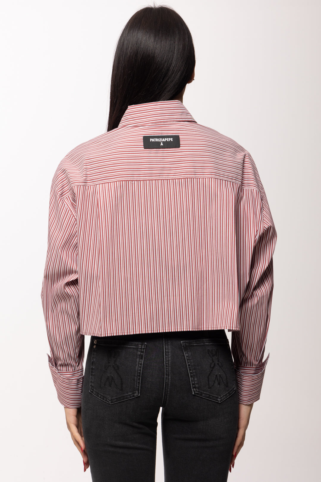 Patrizia Pepe Camicia Cropped a Righe con Tasca e Colletto Morbido 8C0856 A544 HOT BROWN STRIPES