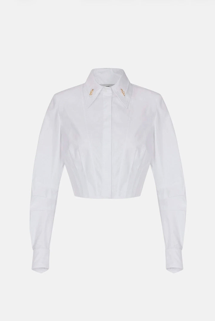 Elisabetta Franchi Camicia Cropped In Popeline Di Cotone con Dettagli Logo CA17066E2 BIANCO