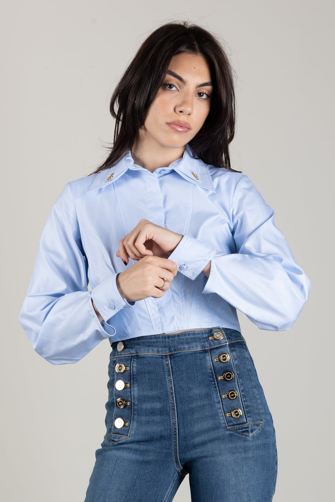 Elisabetta Franchi Camicia Cropped In Popeline Di Cotone con Dettagli Logo CA17066E2 OXFORD