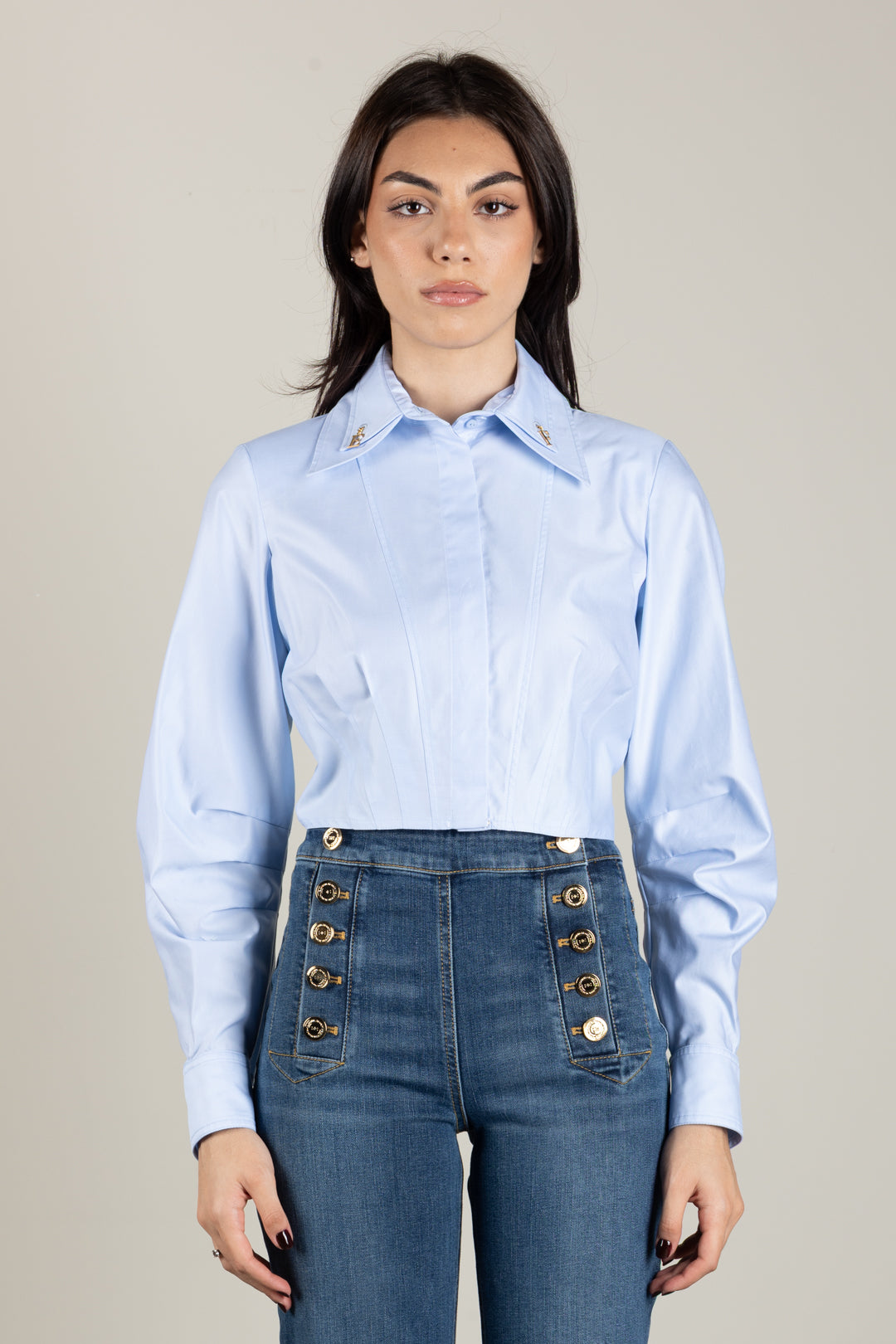 Elisabetta Franchi Camicia Cropped In Popeline Di Cotone con Dettagli Logo CA17066E2 OXFORD