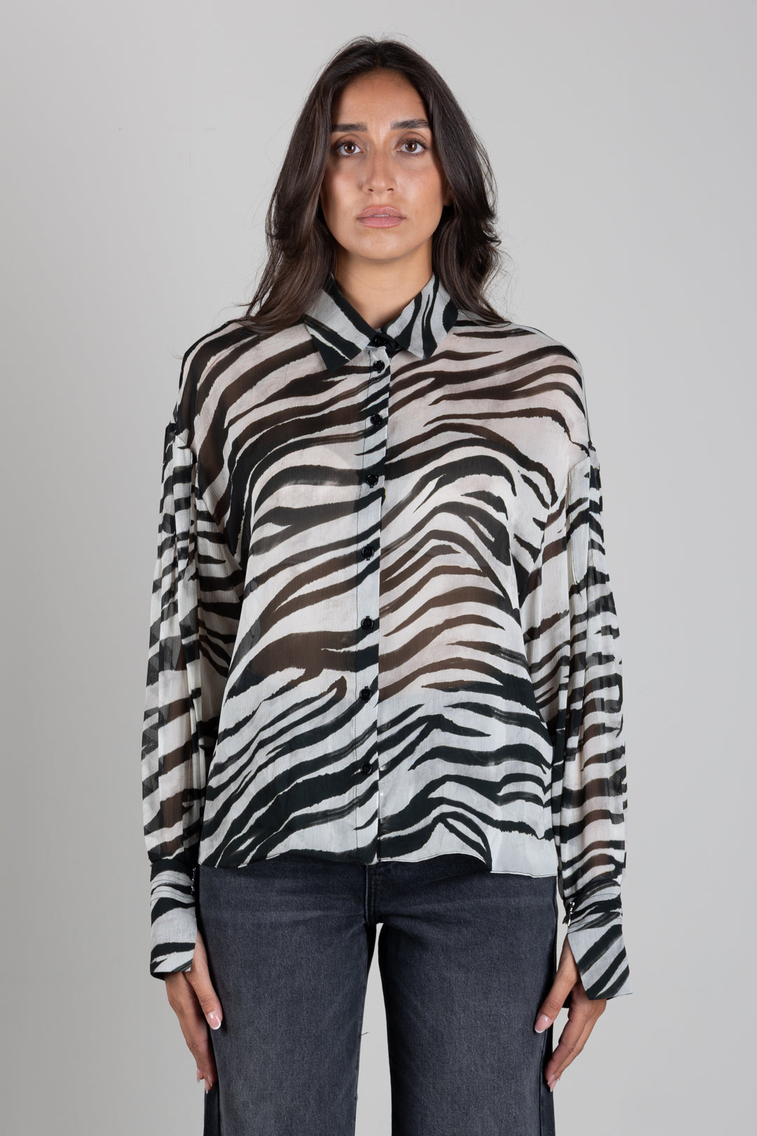 Patrizia Pepe Camicia In Chiffon Animalier Semitrasparente 2C0030 C0279 BLACK&WHITE ZEBRA
