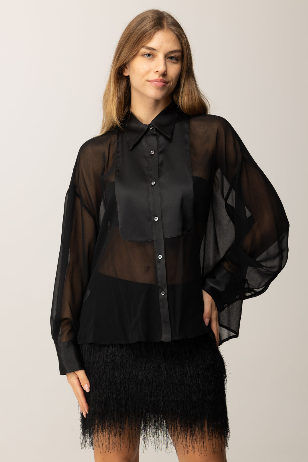 Pinko Camicia In Chiffon Trasparente con Dettagli Satin NERO LIMOUSINE