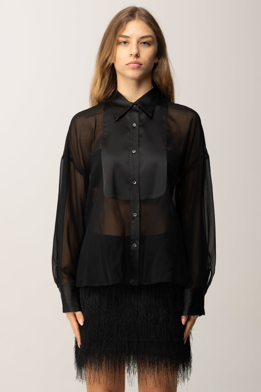 Pinko Camicia In Chiffon Trasparente con Dettagli Satin NERO LIMOUSINE