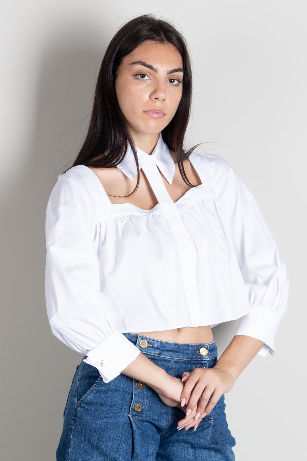 Elisabetta Franchi Camicia In Cotone con Collo Alto Cut-out CA17566E2 BIANCO