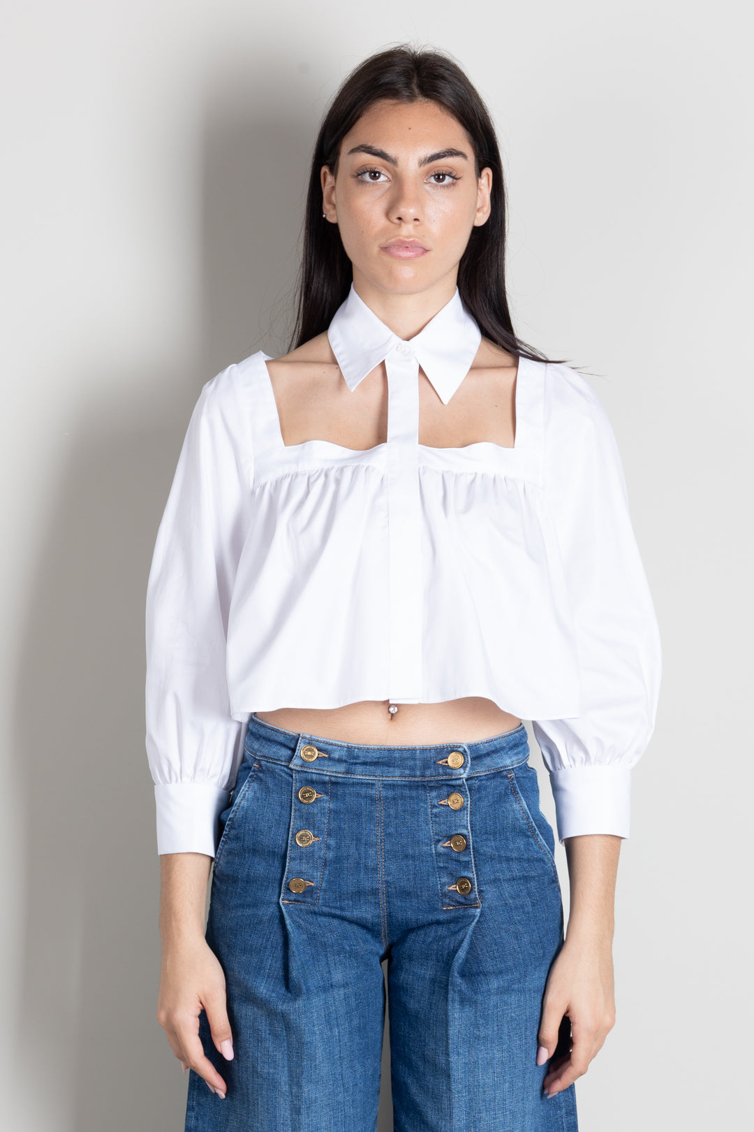Elisabetta Franchi Camicia In Cotone con Collo Alto Cut-out CA17566E2 BIANCO