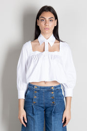 Elisabetta Franchi Camicia In Cotone con Collo Alto Cut-out CA17566E2 BIANCO