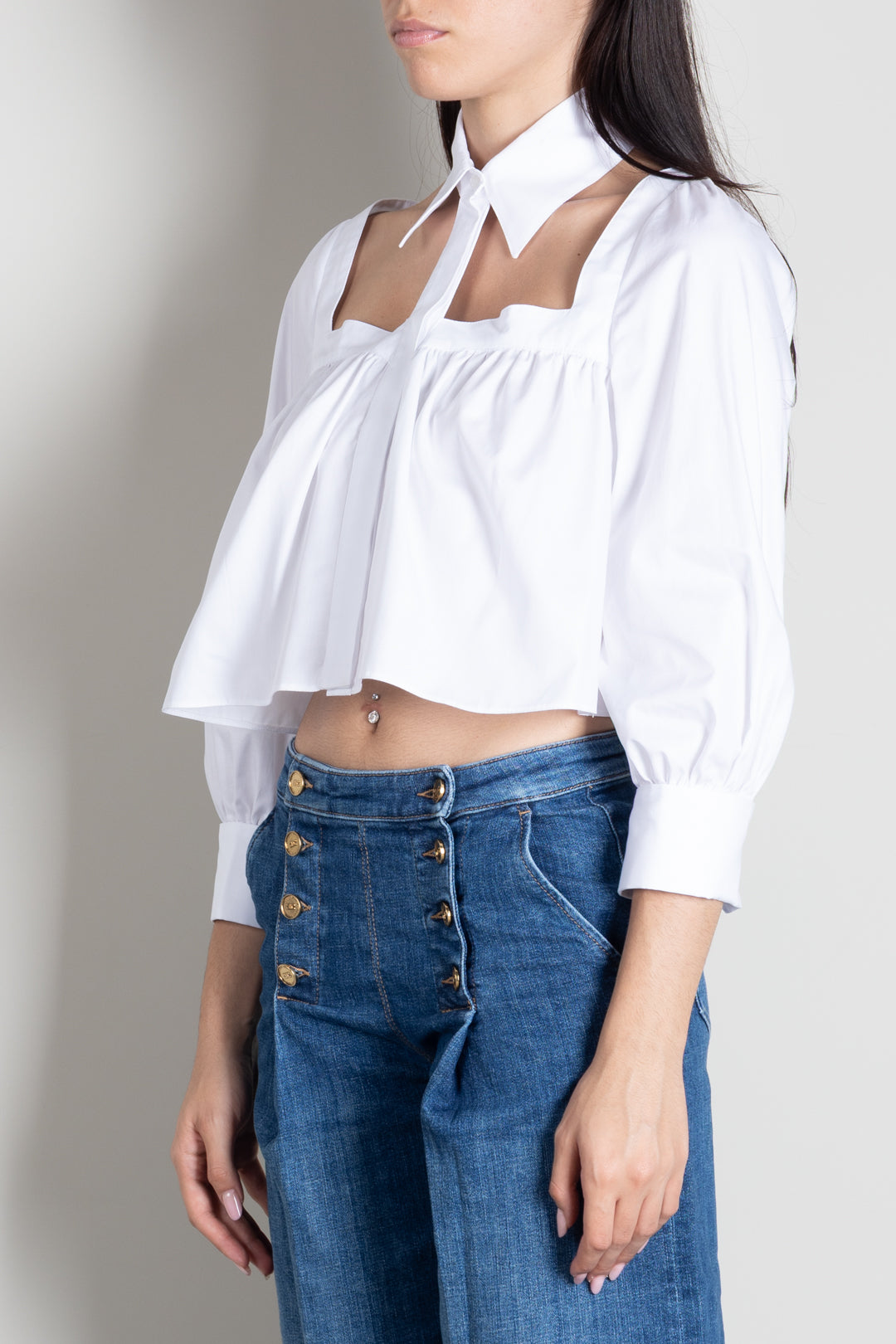 Elisabetta Franchi Camicia In Cotone con Collo Alto Cut-out CA17566E2 BIANCO