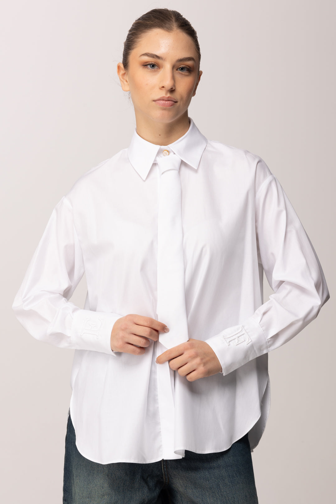 Elisabetta Franchi Camicia In Cotone con Cravatta In Tinta CA15261E2 BIANCO