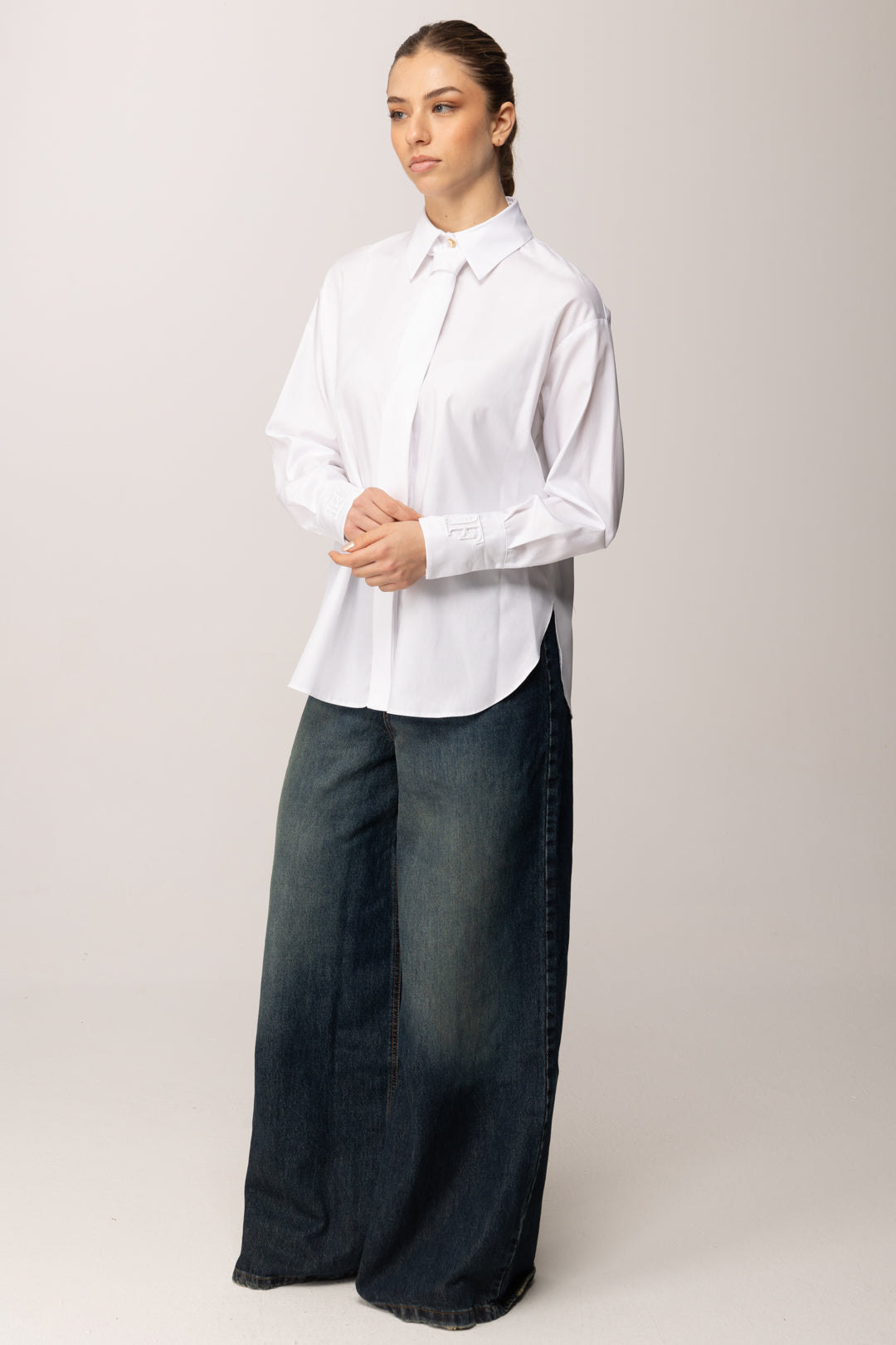 Elisabetta Franchi Camicia In Cotone con Cravatta In Tinta CA15261E2 BIANCO