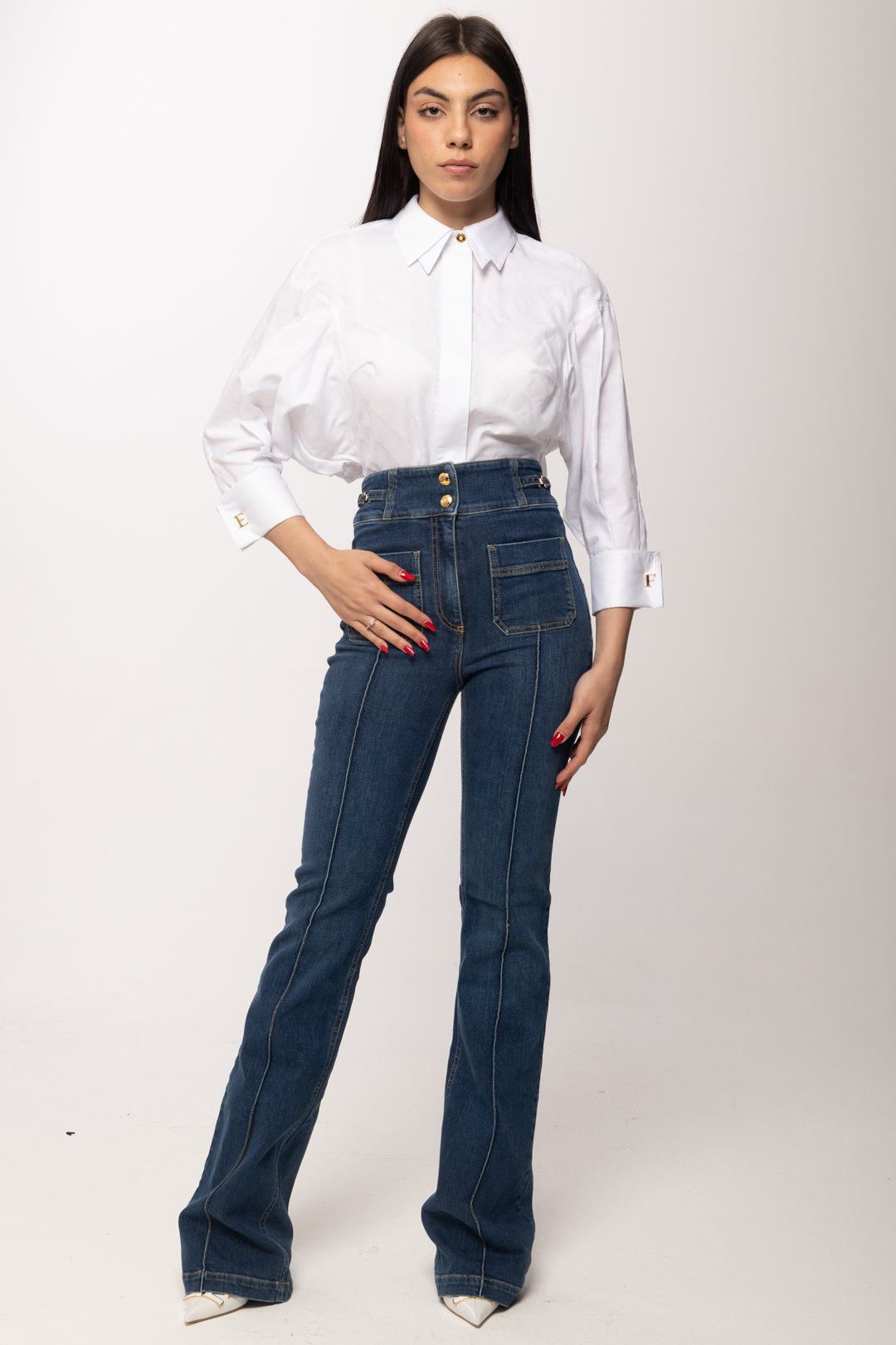 Elisabetta Franchi Camicia In Cotone Jacquard con Gemelli e Doppio Colletto CA14161E2 BIANCO