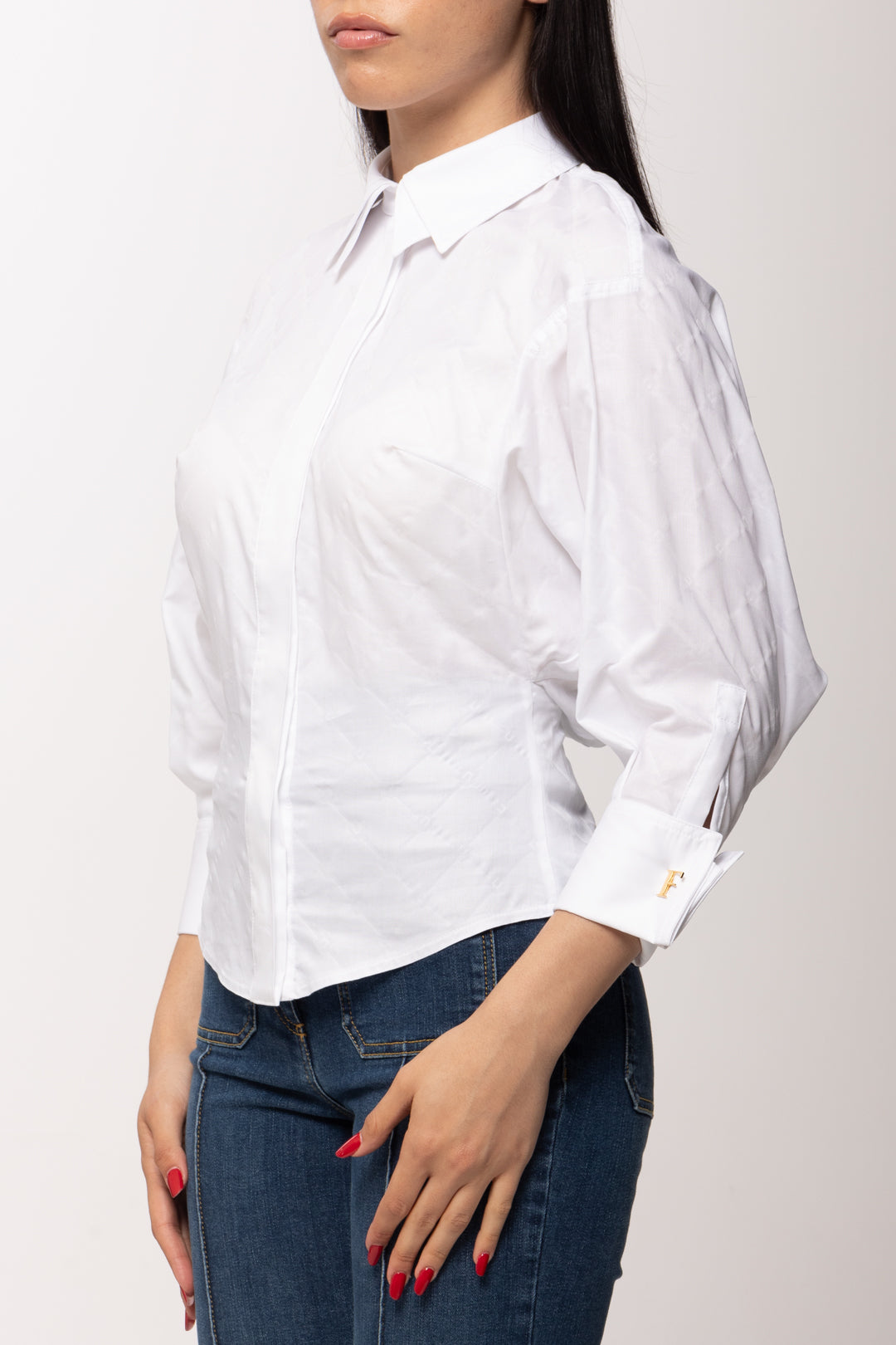 Elisabetta Franchi Camicia In Cotone Jacquard con Gemelli e Doppio Colletto CA14161E2 BIANCO