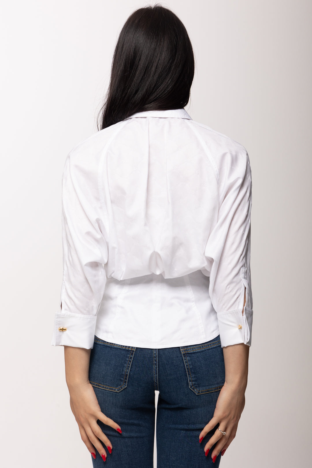 Elisabetta Franchi Camicia In Cotone Jacquard con Gemelli e Doppio Colletto CA14161E2 BIANCO