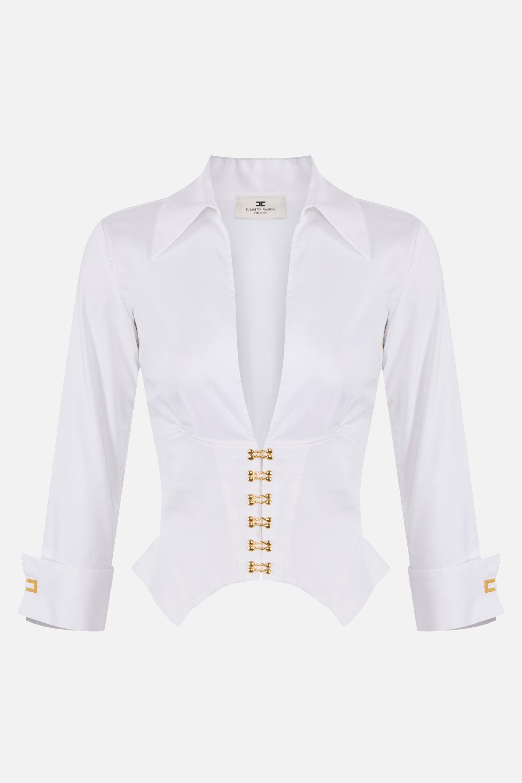 Elisabetta Franchi Camicia In Cotone Stretch con Ganci Gioiello CA06057E2 BIANCO