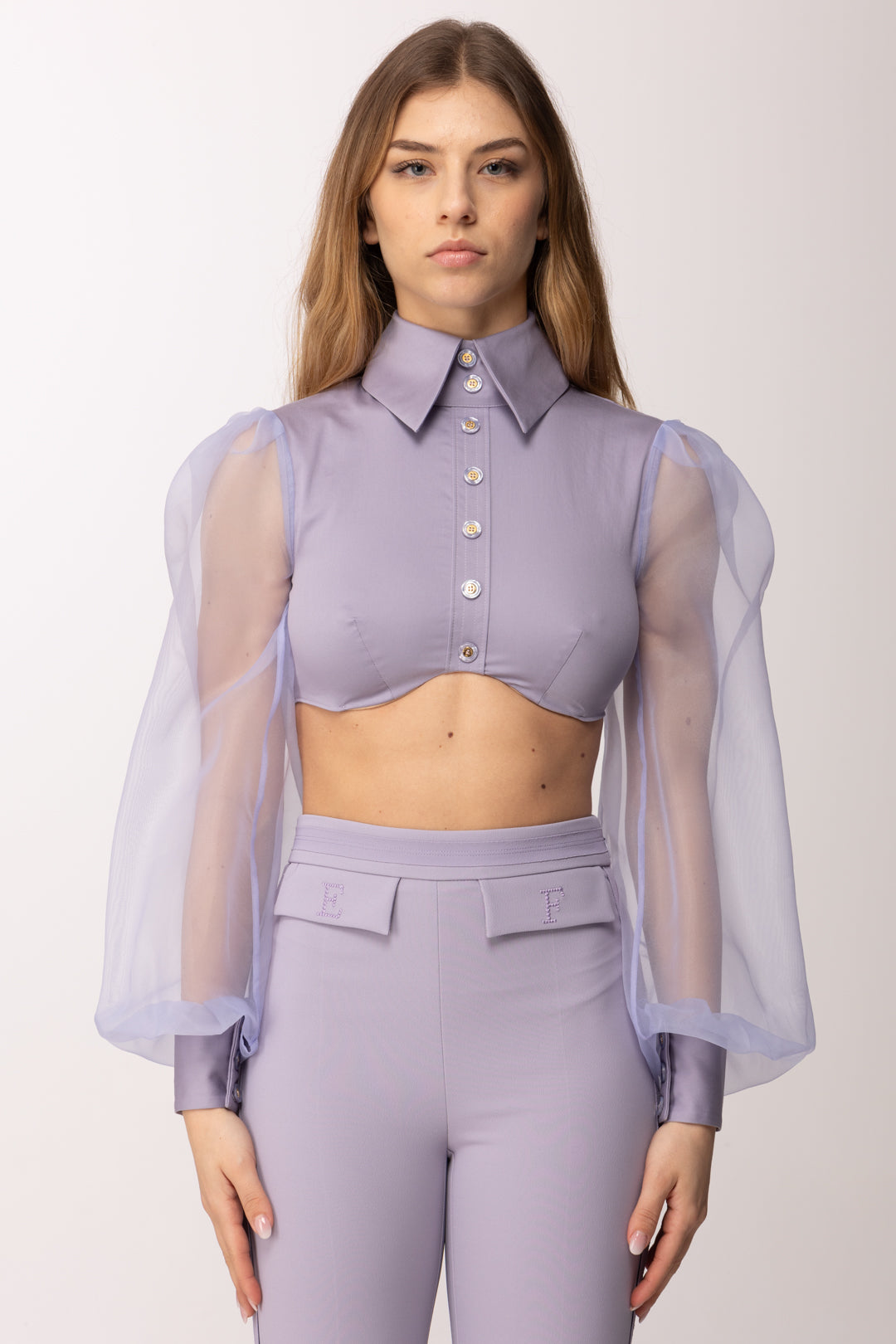 Elisabetta Franchi Camicia In Cotone Stretch e Organza CA14461E2 LILLA