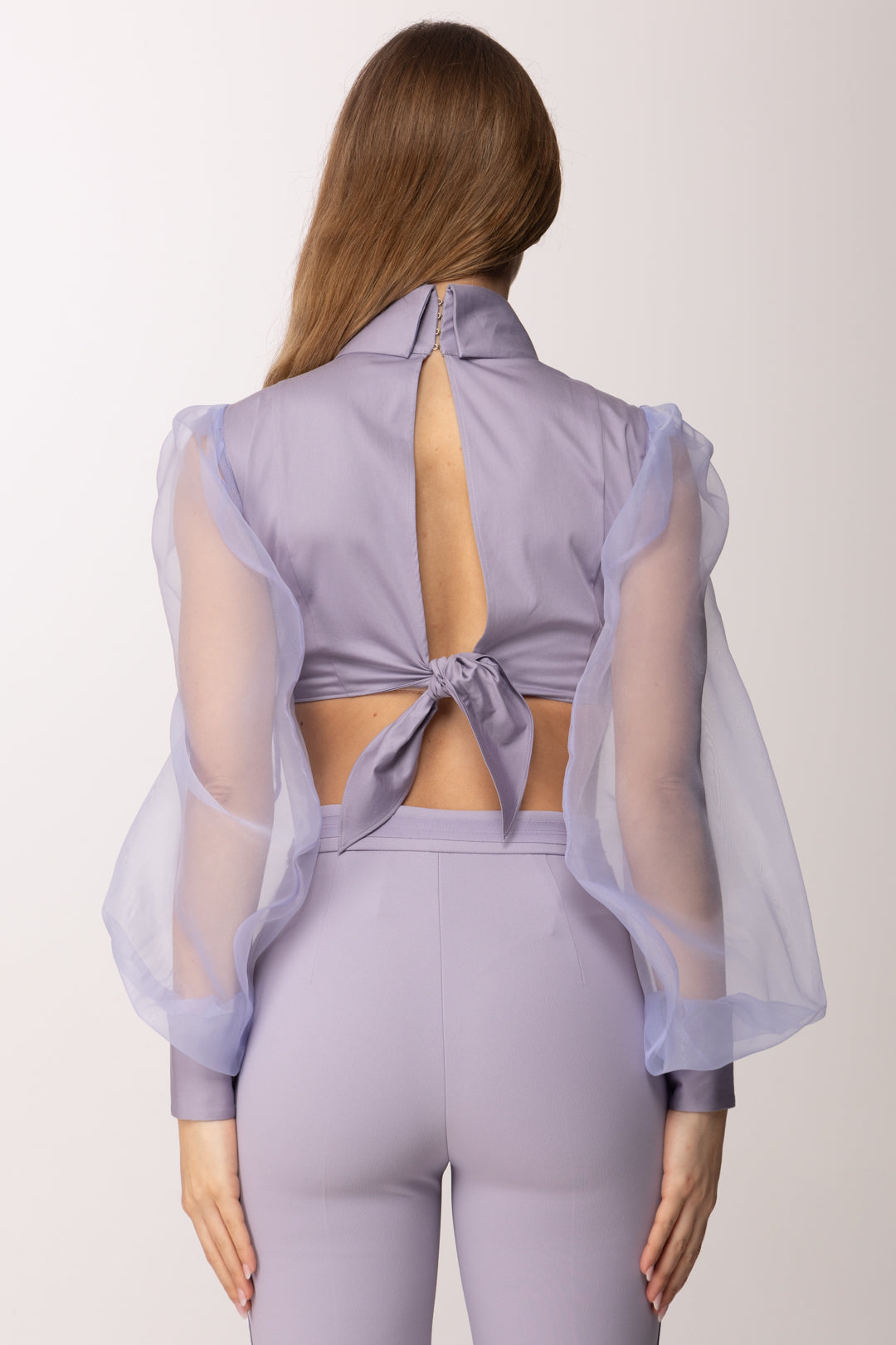 Elisabetta Franchi Camicia In Cotone Stretch e Organza CA14461E2 LILLA