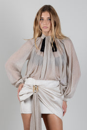 Elisabetta Franchi Camicia In Crêponne con Fiocco a Contrasto CA20967E2 CREMA/NERO