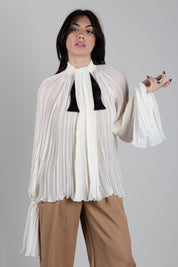 Elisabetta Franchi Camicia In Crêponne Plissé con Fiocco In Raso CA21167E2 BURRO/NERO