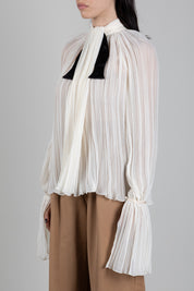 Elisabetta Franchi Camicia In Crêponne Plissé con Fiocco In Raso CA21167E2 BURRO/NERO