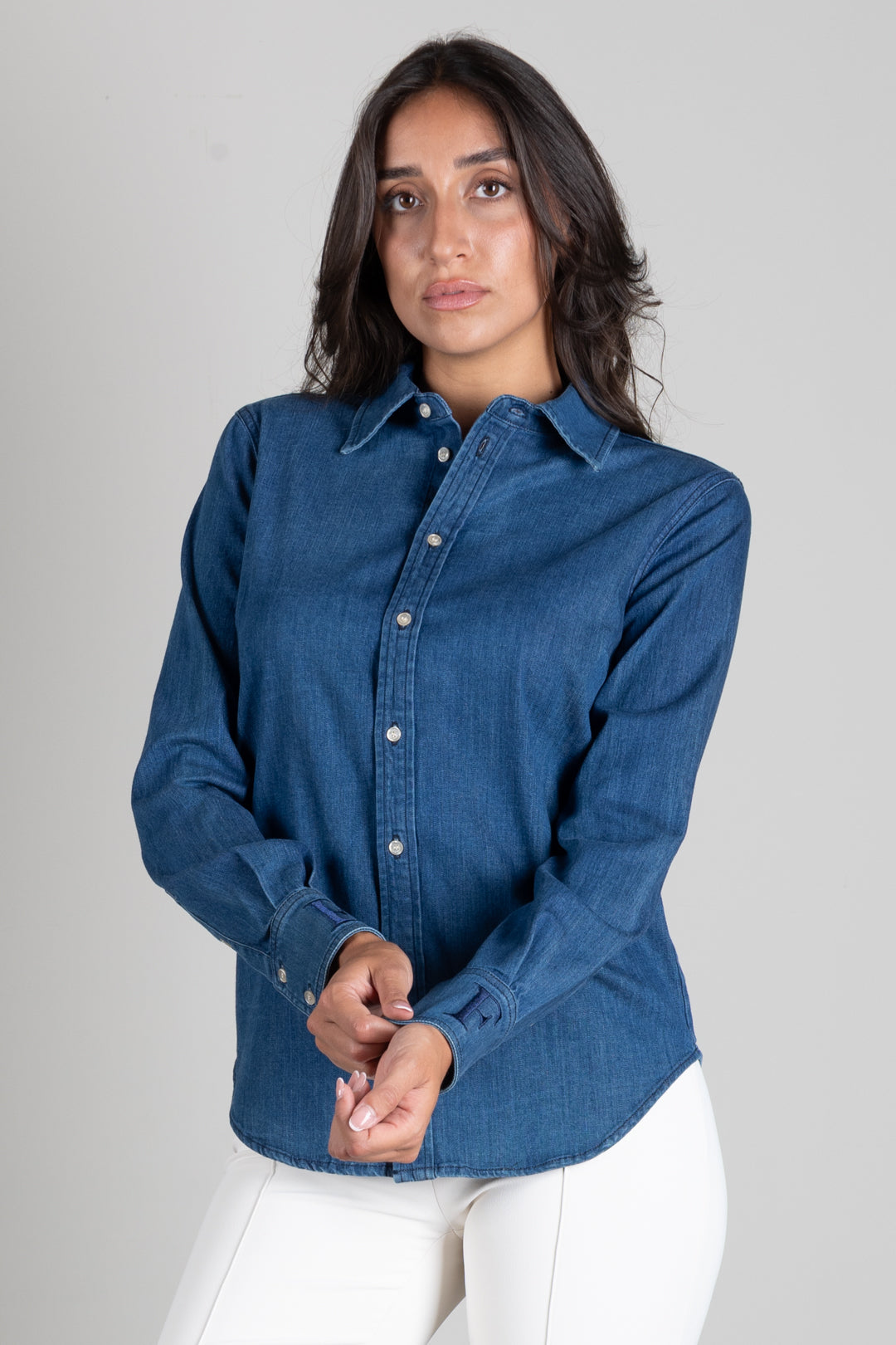 Elisabetta Franchi Camicia In Denim con Loghi Ricamati CJ34D66E2 BLUE DENIM