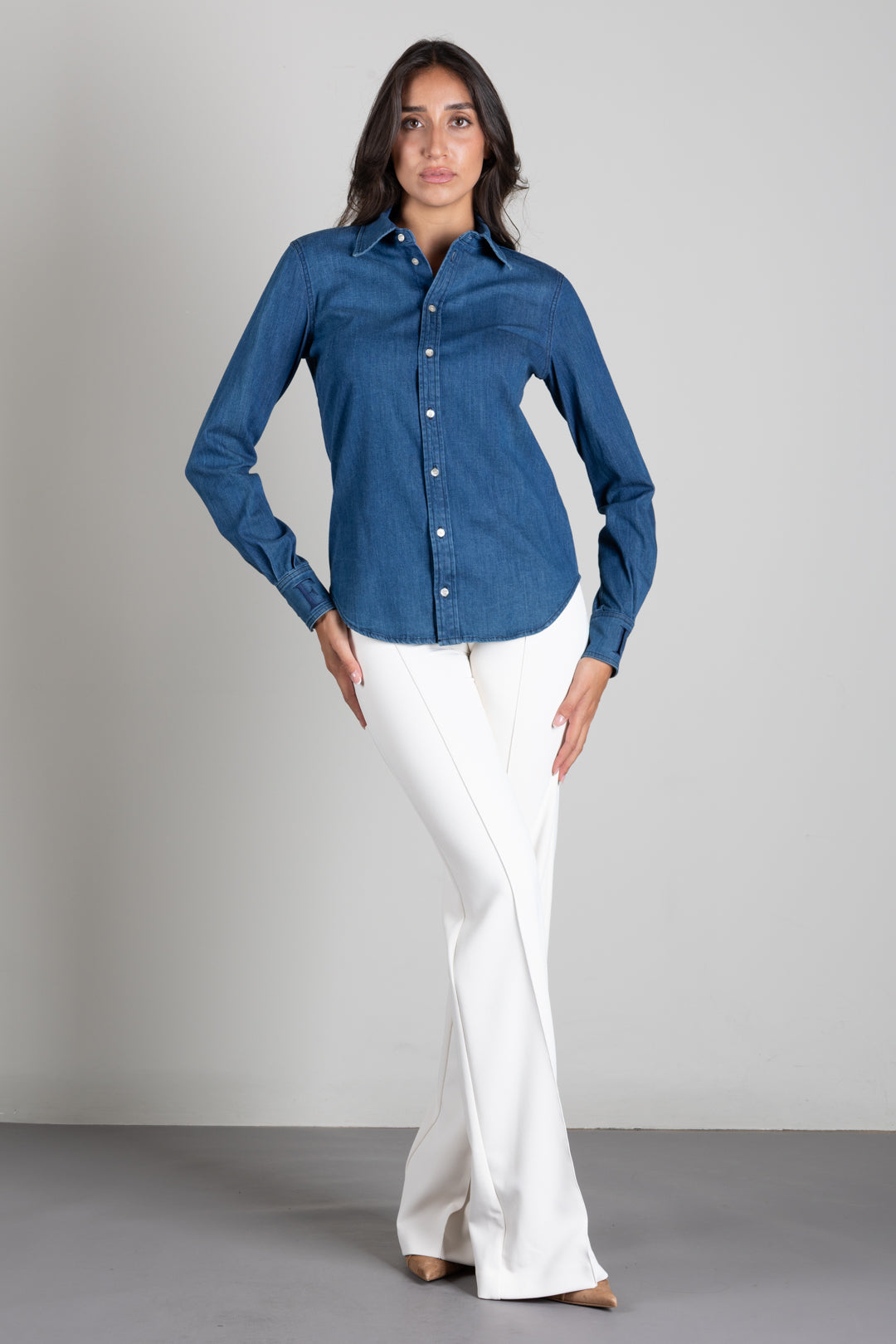 Elisabetta Franchi Camicia In Denim con Loghi Ricamati CJ34D66E2 BLUE DENIM
