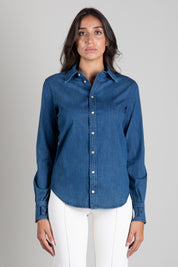 Elisabetta Franchi Camicia In Denim con Loghi Ricamati CJ34D66E2 BLUE DENIM