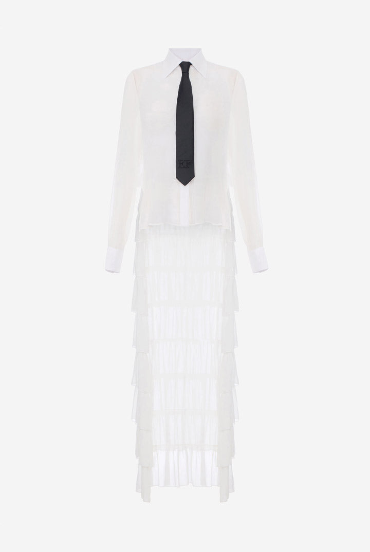 Elisabetta Franchi Camicia In Georgette con Cravatta e Balze CA20767E2 AVORIO