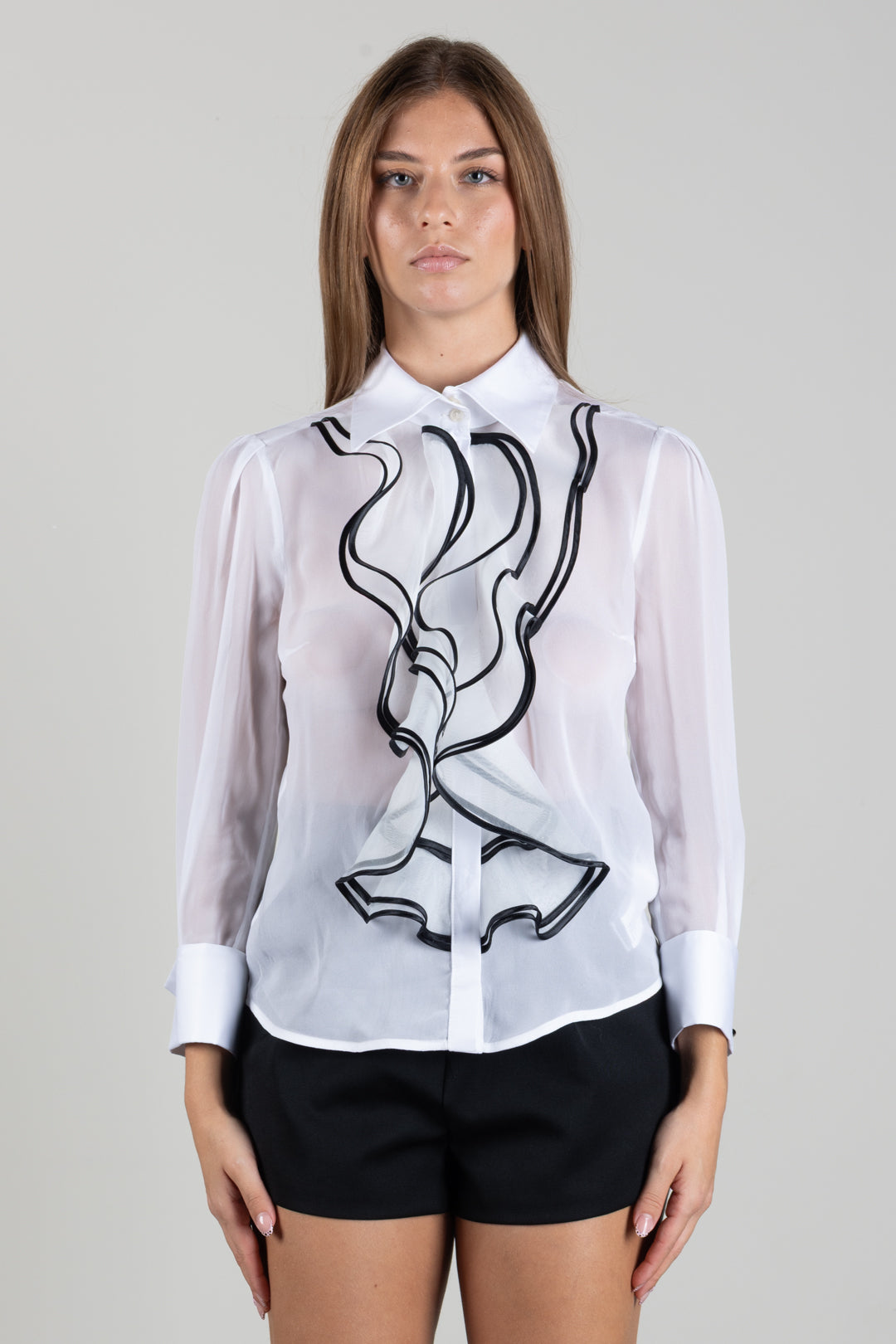 Elisabetta Franchi Camicia In Georgette con Maxi Ruches a Contrasto CA21067E2 AVORIO/NERO