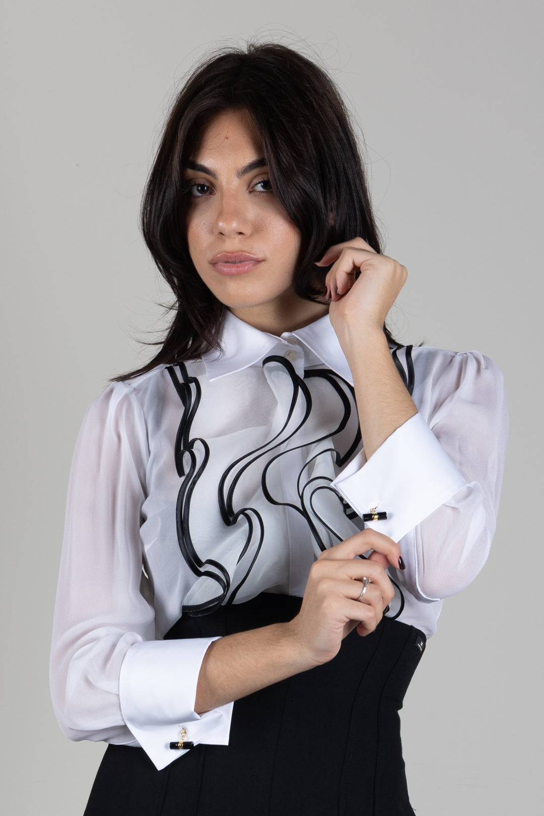 Elisabetta Franchi Camicia In Georgette con Maxi Ruches a Contrasto CA21067E2 AVORIO/NERO