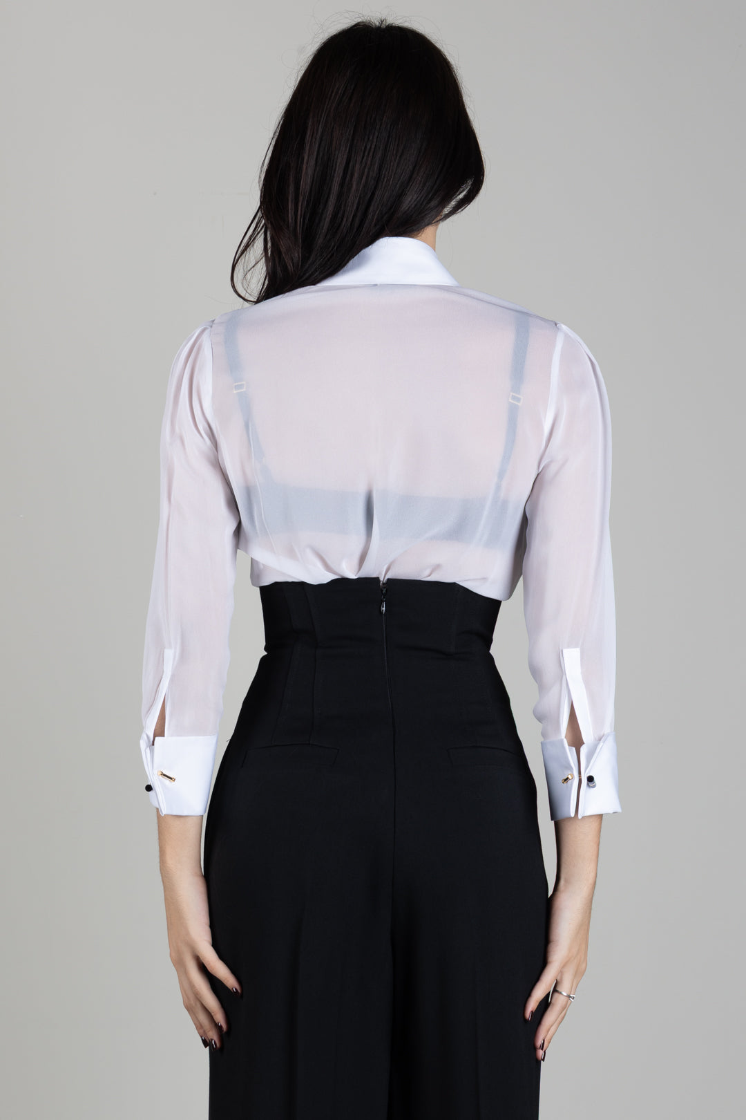 Elisabetta Franchi Camicia In Georgette con Maxi Ruches a Contrasto CA21067E2 AVORIO/NERO