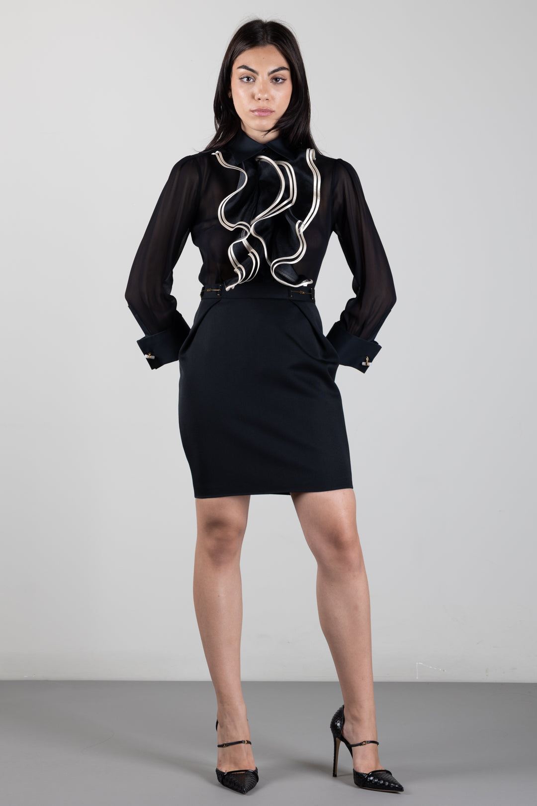 Elisabetta Franchi Camicia In Georgette con Maxi Ruches a Contrasto CA21067E2 NERO/BURRO