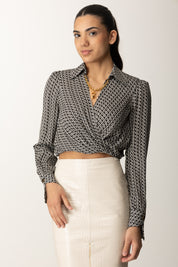 Elisabetta Franchi Camicia In Georgette con Stampa Geometrica CAS0256E2 NERO/MILK