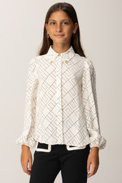 Elisabetta Franchi Bambina Camicia In Georgette con Stampa Logo EFCA2670VI040 MILK/NERO